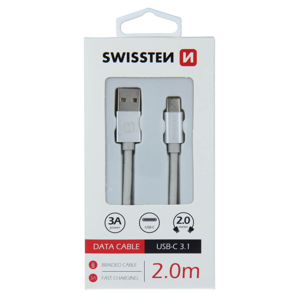 Textilný dátovy kábel Swissten USB / USB-C 2,0 M - strieborný